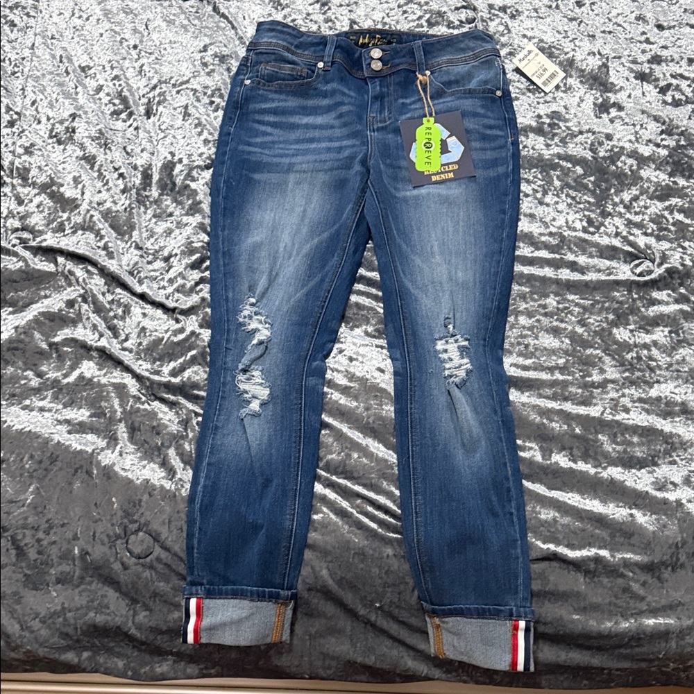 Indigo Rein Dark Blue Distressed Boyfriend Jeans with Cuffed Stripe